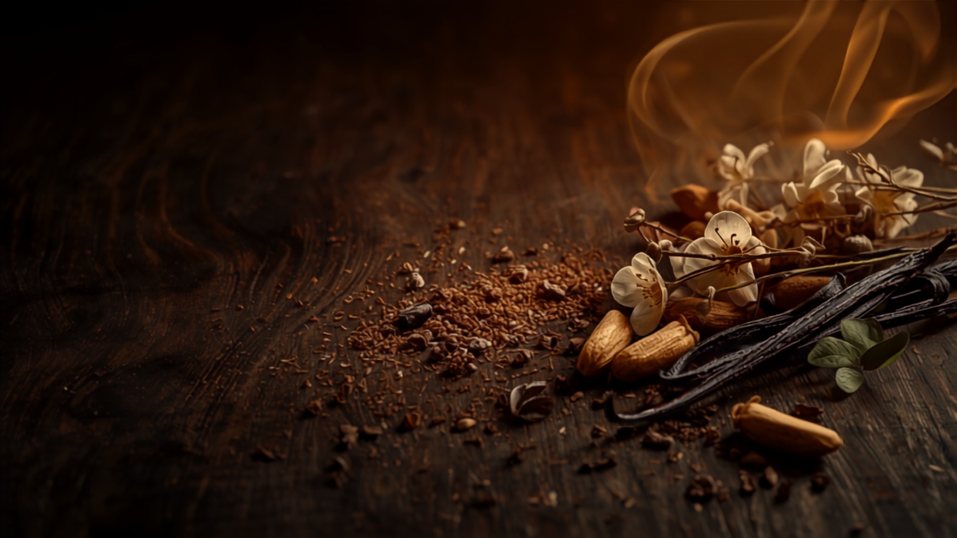 Vanilla pods, dried blossom and warm fragrant smoke on dark wood